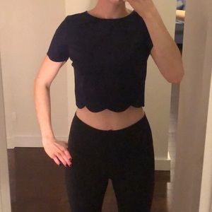 Aqua suede navy blue scallop crop top